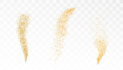 Small aerosol particle effect, explosion of small dust particles, golden glitter on transparent background, vector template for design and illustration.