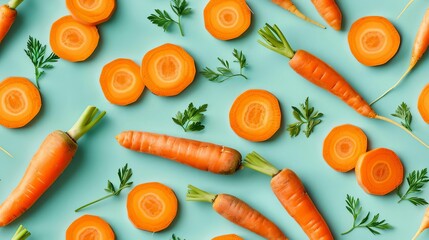 Carrot slices and whole, shot from above, making a fun pattern on a bright pastel color background,...