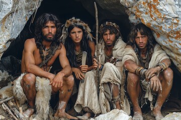 Four adults dressed as prehistoric humans sit together inside a rocky cave, depicting a historical...