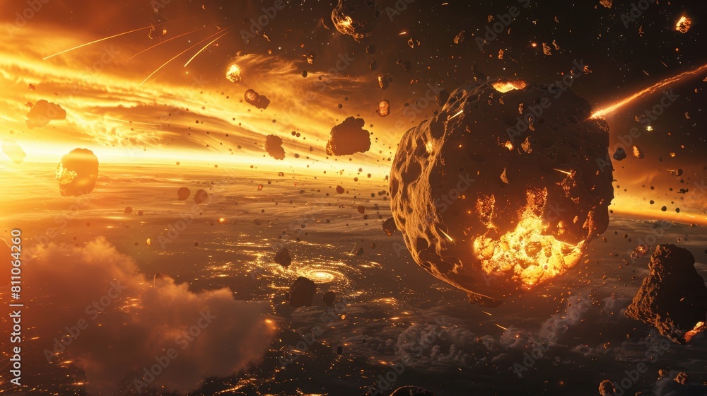Poster in a mesmerizing sci fi setting picture a backdrop filled with burning and exploding stars a fiery h