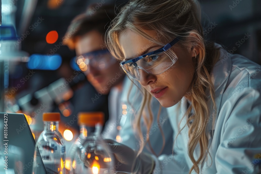 Poster in a lab setting, a focused scientist conducts research with various samples and a laptop for data a
