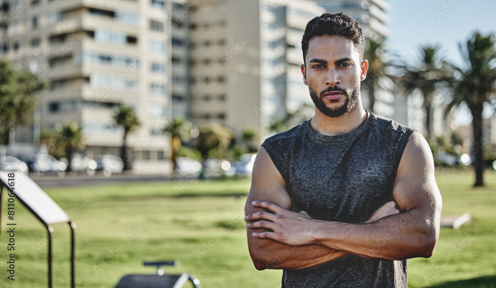 Poster Serious man, fitness and sports with arms crossed after intense training or cardio workout outside in nature. Strong, male person or athlete outdoors at park for endurance practice for healthy body