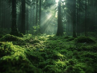 Obraz premium Artistic view of light filtering through trees onto a rich, moss-covered forest floor, capturing a magical ambiance