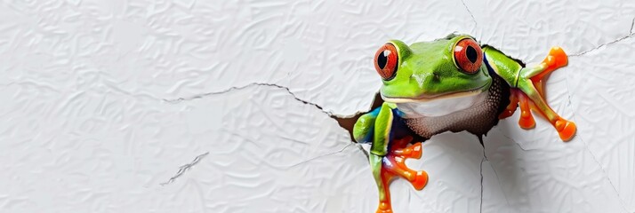 Banner, tropic frog muzzle in a broken white wall, funny face meme, white background. 