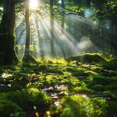 Obraz premium Ethereal glow on a mossy forest floor, with patches of sunlight creating a mystical, fairy-tale ambiance