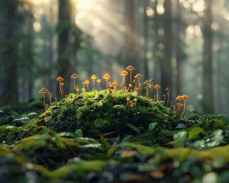 Detailed focus on a small patch of moss with tiny mushrooms sprouting, showcasing biodiversity on the forest floor