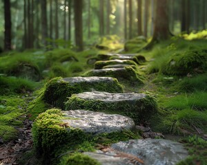 Fototapeta premium Moss-covered stones along a forest path, close-up that conveys a sense of ancient, untouched natural beauty