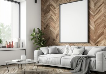 Modern interior of small apartment with white walls, parquet floor and wooden panels on the wall with large poster frame on it