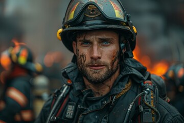 Obraz premium Solemn male firefighter with soot on face, showing aftermath of battling a blaze