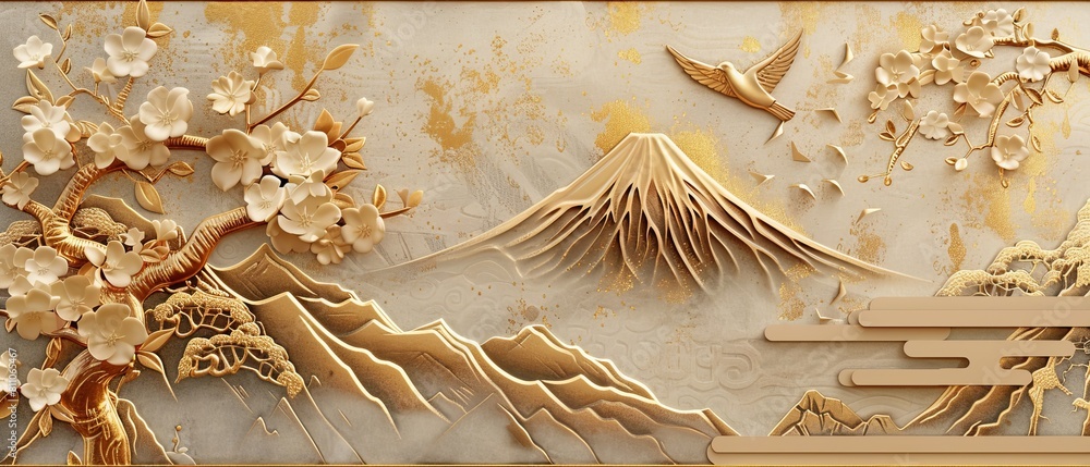 Poster the japanese pattern modern is framed in a gold frame with a geometric background. the design includ