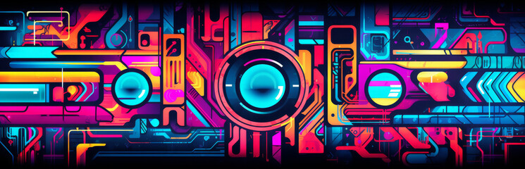 Neon Futuristic Machine Abstract Artwork. Electric Neon Machinery In Abstract Composition. Generative AI
