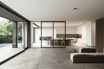 Fototapeta premium Modern interior of the living room and dining area with grey floor tiles, white walls, minimalist furniture and window frames with vertical lines
