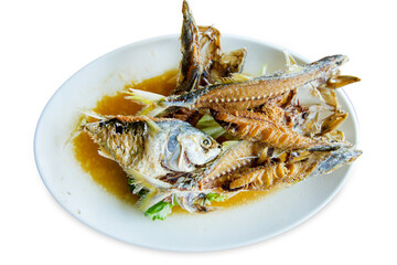 Top view of Fried mackerel scorched with fish sauce, focus selective