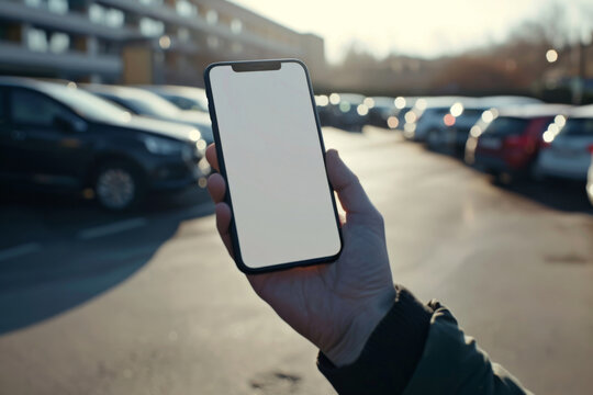 Person's hand holds a smartphone with blank screen, using a parking application, with cars parked in background at sunset