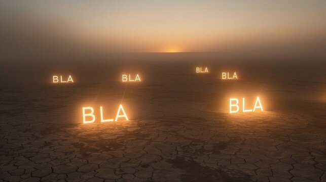 Neon Text Art In Dreamy Landscapes.  Glowing words BLA BLA BLA  in the sand at sunrise.