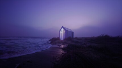 Neon Art In Dreamy Landscapes. Conceptual image of a church at night on the beach with a blue sky.