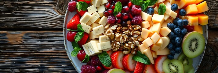 Fresh Cheese and fruit platter with nuts, realistic food banner, top view with copy space