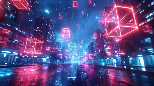 Abstract red blue neon background. Glowing linear volumetric cube in the middle of a city street under the starry night sky. Digital futuristic wallpaper.