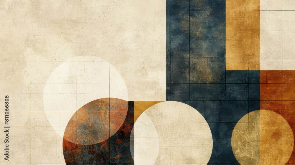 Poster a contemporary painting featuring geometric shapes such as circles and squares arranged in an abstra