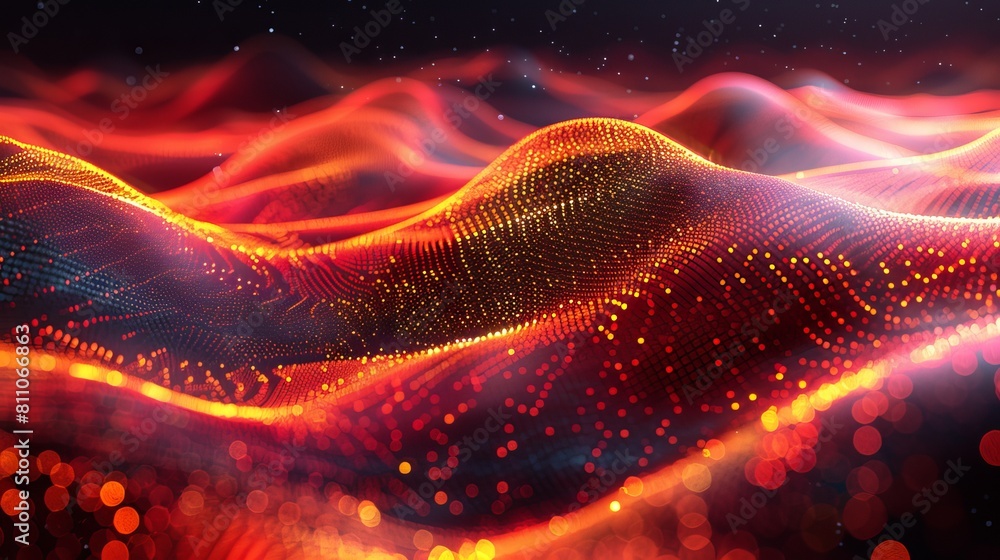 Poster Big data visualization. Stream of sounds. Abstract background with dots interwoven. 3D rendering.