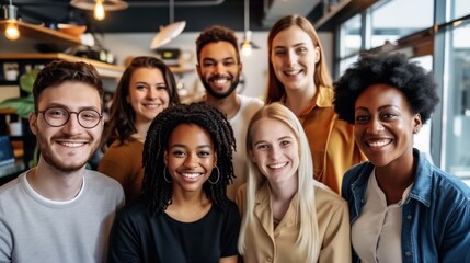 Diverse Professionals Smiling Together, Multicultural people taking group selfie portrait in the office or coffee shop, happy lifestyle and teamwork and friendship concept

