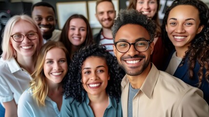 Diverse Professionals Smiling Together, Multicultural people taking group selfie portrait in the office or coffee shop, happy lifestyle and teamwork and friendship concept
