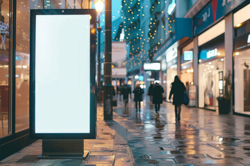 Vertical advertising billboard mock-up on a busy street at dusk, surrounded by illuminated shops and walking pedestrians