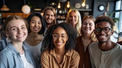 Obraz premium Diverse Professionals Smiling Together, Multicultural people taking group selfie portrait in the office or coffee shop, happy lifestyle and teamwork and friendship concept 