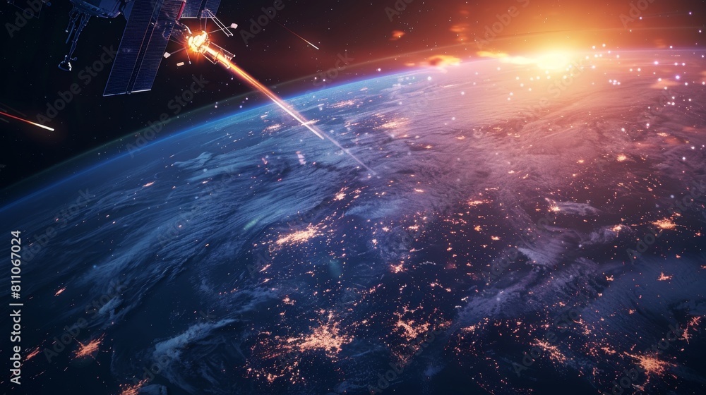 Poster A futuristic black and blue background with an abstract modern. Satellites in orbit and rockets at high altitude. Plasma clots of energy shimmering with flickering particles. Technology and science.