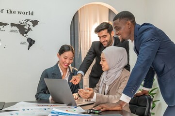Manager Speaker Motivational multiethnic teamwork by explain present data in laptop notebook to...