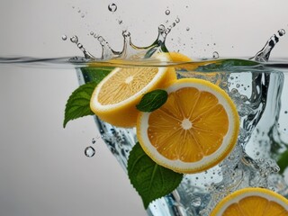 lemon water, lemonade. Lemon slices add zest to water in glass, enhancing flavor
