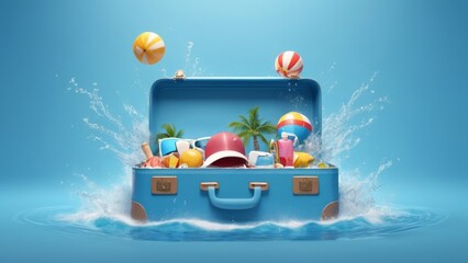 3D render, Blue suitcase with water splash and travel Summer elements in holiday with blue background, beach swim elements decoration, Holiday vacation concept.