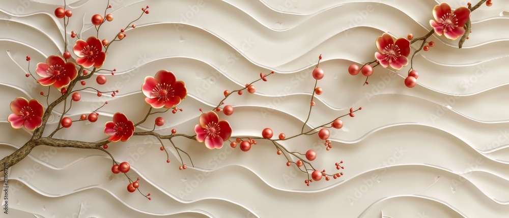 Poster an image of cherry blossoms with a seamless japanese pattern on a gold geometric background.