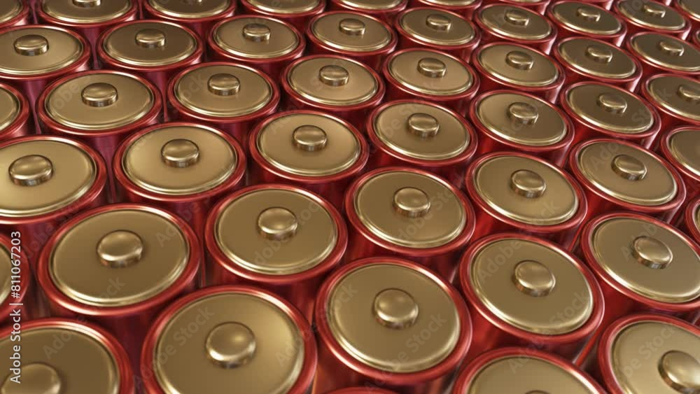 Poster dof tracking camera realistic looping 3d animation of the red lithium batteries mass production rend