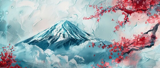 Decorative Japanese background with red and blue watercolor textures. Fuji mountain, Cherry blossom flower, bonsai, Chinese clouds and icon design.