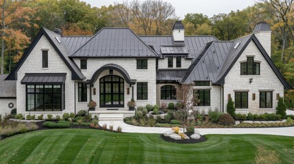 Beautiful white family house with black roof tiles and lush green front yard in residential area