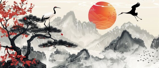 Art landscape banner design with crane birds banner decoration. Chinese cloud, Bonsai, Ginko leaves in Asia-style.