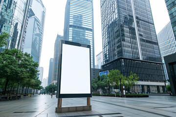 Blank advertising billboard mockup in a modern cityscape, with space for design display surrounded by towering corporate buildings and green trees