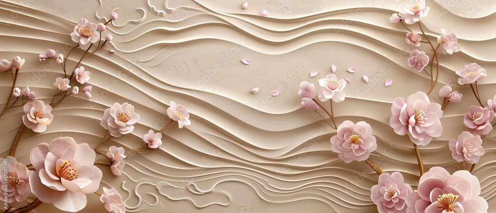 Poster Asian modern template with wave pattern. Peony and cherry blossom flower elements on oriental background.