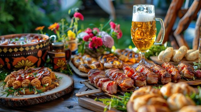 On the table you ll find a refreshing glass of beer paired with a delightful assortment of traditional Latvian bacon pastries known as piragi or piradzini surrounded by the vibrant decorati