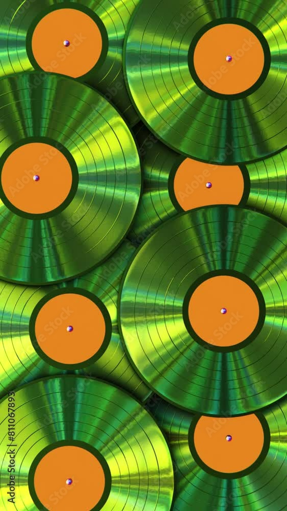 Aufkleber vertical video. realistic looping 3d animation of the fancy colorful green records with orange label