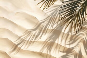 3D Render of Palm leaf shadow on sand, top view with copy space.