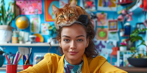Obraz premium Cozy workspace with a young woman and her cat relaxing on top of her head