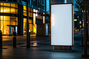 Blank, illuminated advertising billboard mockup situated on an urban sidewalk during twilight, ideal for marketing and design presentations