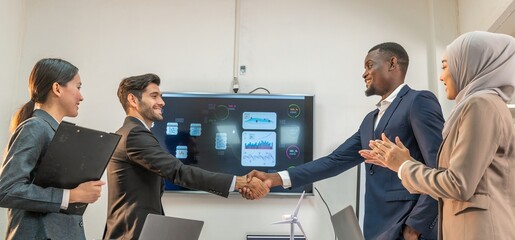 handshake after partnership meeting success business contract deal. Teamwork congratulate...
