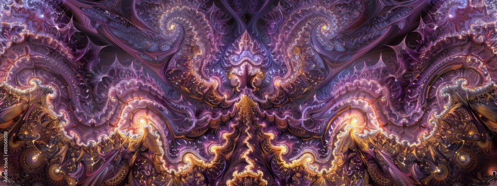 Poster an abstract artwork showcasing vibrant shades of purple and gold, creating a visually striking and d