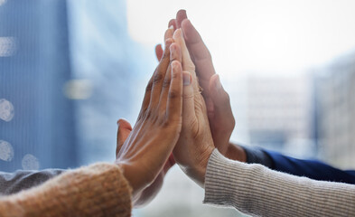 People, hands and high five in office for teamwork, collaboration and partnership together. Sales...