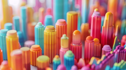 Obraz premium colorful 3D city. The colors are vibrant and the shapes are abstract. The image is very detailed and it is clear that a lot of thought went into creating it.