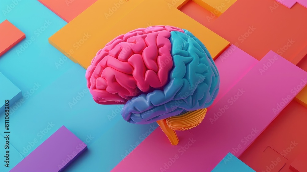 Poster colorful geometric background with 3d rendering of human brain, neural connections and science conce
