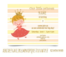 Invitation to the Birthday. Little Princess. Glitter gold letters, numbers and crown.